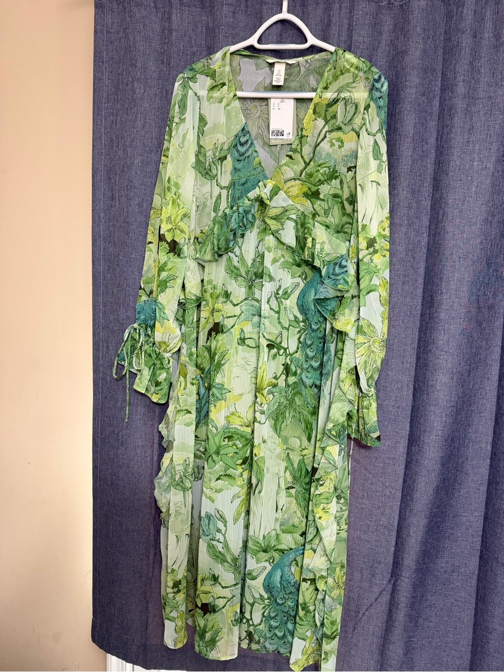 H and M Green Floral Sheer Ruffle Dress S NWT